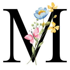 Letter M with watercolor flowers and leaf. Floral alphabet, wedding monogram, initials perfectly for invitations, greeting card, logo, poster and other design. Hand drawing.