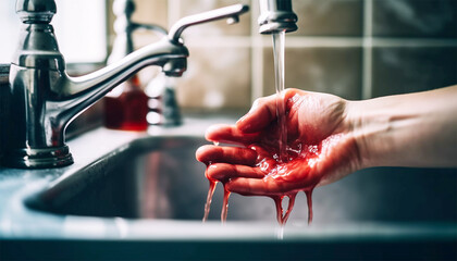 Washing hands with blood. washing bleeding hands in sink. Crime scene,murder,accident concept copy space - obrazy, fototapety, plakaty