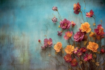 Colorful blossoms on textured backdrop. Generative AI