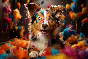 Puppy playing with painting color, border collie dog having fun, naughty pet has a mishap, awkward moment and chaos
