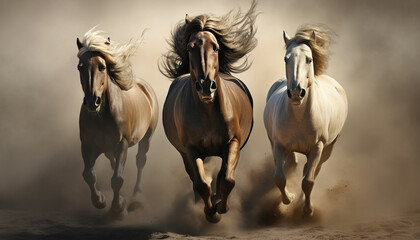 Horses portrait run gallop in desert dust background