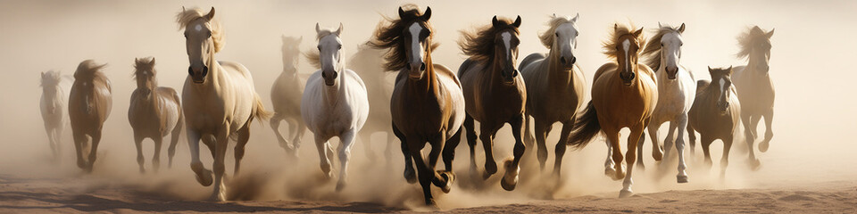 Horses portrait run gallop in desert dust background - obrazy, fototapety, plakaty