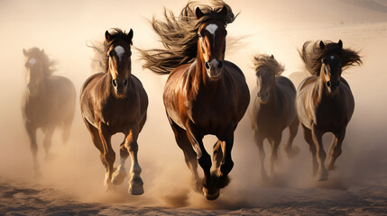 Horses portrait run gallop in desert dust background