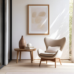 Wing Chair Near Rustic Wooden Coffee Table in a Scandinavian Living Room with Frames - Interior Design, Generative AI
