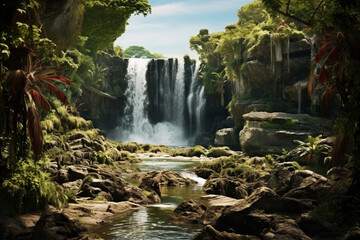 A picturesque waterfall flowing through a nature reserve with dense green vegetation and endangered plant species