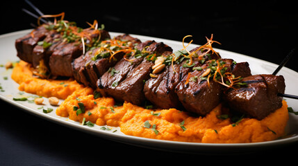 Beef skewers with mashed sweet potatoes