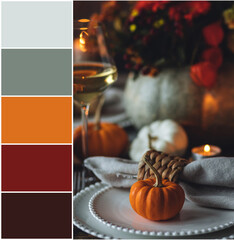 Design palette inspired by fall cozy table decoration for Thanksgiving family dinner . Designer pack with photo and swatches. Harmonious warm autumn colour combination orange, brown, red, yellow, grey