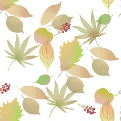 Beautiful autumn leaves pattern, seamless pattern, transparent leafs and berries