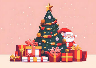 Christmas background, vector and illustration style. Retro Xmas decoration with tree, Santa Claus when winter.
