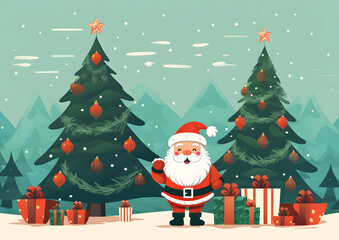 Christmas background, vector and illustration style. Retro Xmas decoration with tree, Santa Claus when winter.