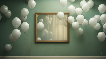 Balloons float beside framed mirror.