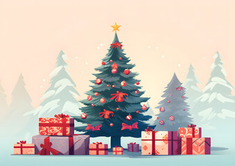 Fototapeta premium Christmas background, vector and illustration style. Retro Xmas decoration with tree, Santa Claus when winter.