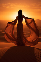 Fototapeta na wymiar Sunset Over Sand Dunes with Woman Silhouette