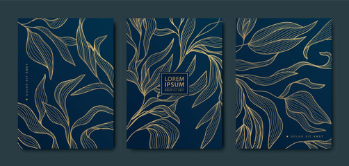 Vector art deco, luxury golden floral covers. Line japanese style leaves and flowers, nature texture patterns, cover, flyer templates. Elegant wavy vintage brochures - obrazy, fototapety, plakaty