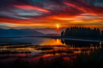 Fototapeta premium sunset on the lake Generated Ai