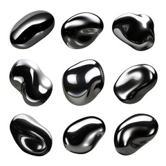  Liquid metal chrome blobs isolated png. Melted chrome drop shapes on transparent background. Ai generated Y2K melty silver drops