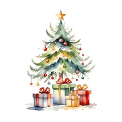 Watercolor Christmas Tree with Gifts on Isolated White Background
