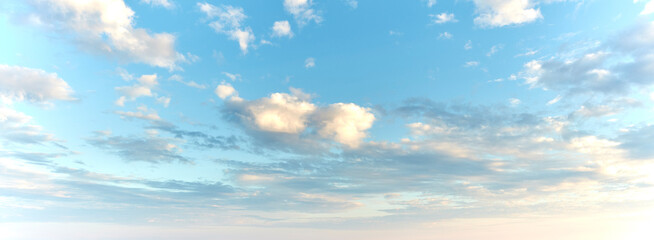 Bright sky on cloudy morning with soft clouds, calm sunrise with copy space. Fresh air on a...