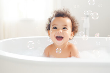 Happy laughing baby taking a bath playing with foam bubbles. Little child in a bathtub. Hygiene and care for young children. 