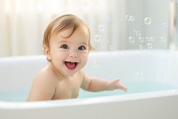 Naklejka premium Happy laughing baby taking a bath playing with foam bubbles. Little child in a bathtub. Hygiene and care for young children. 
