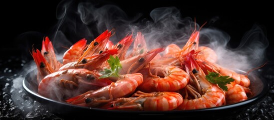 The steamed prawns are appetizing and visually appealing with a ripe red and smoky color