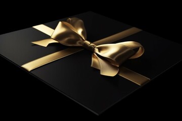Golden ribbon bow gift card on black background for Christmas or promotional offers. Generative AI