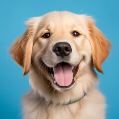 Beautiful golden retriever puppy dog isolated on blue background