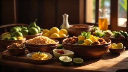 Typical Brazilian food illuminated by a window. Variety of recipes and ingredients placed in wooden and ceramic bowls on a wooden table, with a rustic style.