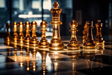 Strategic mastery and authority embodied in the golden king dominating the chessboard.