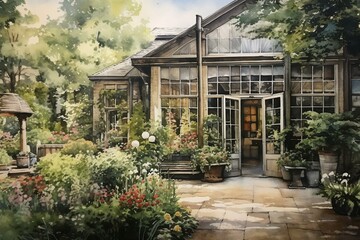 Fototapeta na wymiar watercolor painting of Cambridge Garden Museum. Generative AI