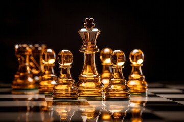 Strategic mastery and authority embodied in the golden king dominating the chessboard.