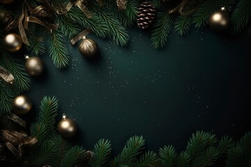 Obraz na płótnie Canvas a luxury christmas border with christmas brance, pine tree leaf, little lamps decoration, premium silky metal background for flat lay, generative ai