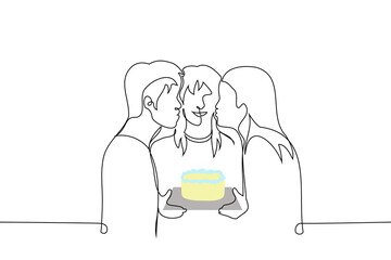 man and woman kissing woman holding cake - one line art vector. concept congratulations and kissing of an adult birthday girl