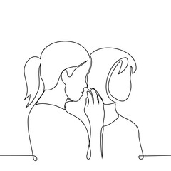 Obraz premium woman whispers something in a another's woman ear, hiding behind her palm - one line art vector. concept whisper, keep secrets