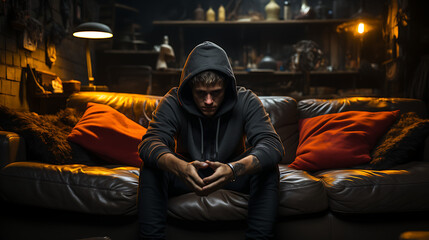 Depression, tired and frustration, sad young teen sitting on a couche, wearing a hoodie, Concept of mental health. - obrazy, fototapety, plakaty