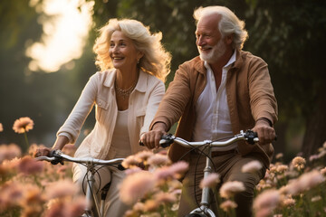 Fototapeta premium Joyful senior couple, deeply in love, as they embark on a bike ride together. The scene radiates happiness, health, and the beauty of their shared journey. Ai generated