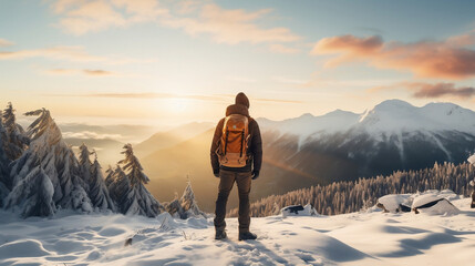 Man hiker on mountains peak in winter. Warm winter sportswear with tourist backpacks in the snowy pine mountains in an incredible sunset. Active rest. Adventure and nature concept. Generative AI. - obrazy, fototapety, plakaty