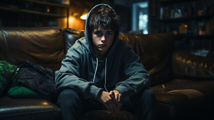 Fototapeta premium Depression, tired and frustration, sad young teen sitting on a couche, wearing a hoodie, Concept of mental health.