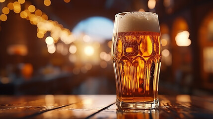 Glass of beer on a bar counter in a pub or restaurant. Empty space. Close up. Mock up. Glass of beers on a local pub, low angle view. High quality photo.