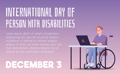 International day of person with disabilities vector poster, disabled man in wheelchair working at laptop, handicapped