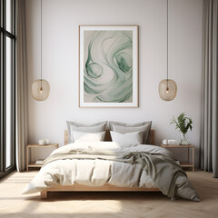 Fototapeta na wymiar Modern Bedroom with Scandinavian Interior Design and Large Art Poster Frame - Minimalist Style, Generative AI