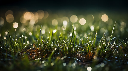 Lawn in the soccer stadium. Football stadium with lights. Grass close up in sports arena
