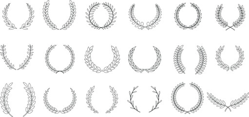 Wreath Vector Set, Ideal for logo creation, badges, awards. Symbolizes victory, honor, achievement. Classical, antique style inspired by ancient Rome, Greece. Elegant, regal, majestic. - obrazy, fototapety, plakaty