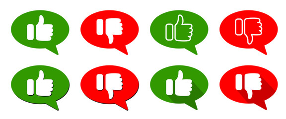 Thumb up and thumb down. Like and dislike buttons. Positive and negative opinion. Red and green speech bubbles. Do's and don'ts icons - obrazy, fototapety, plakaty
