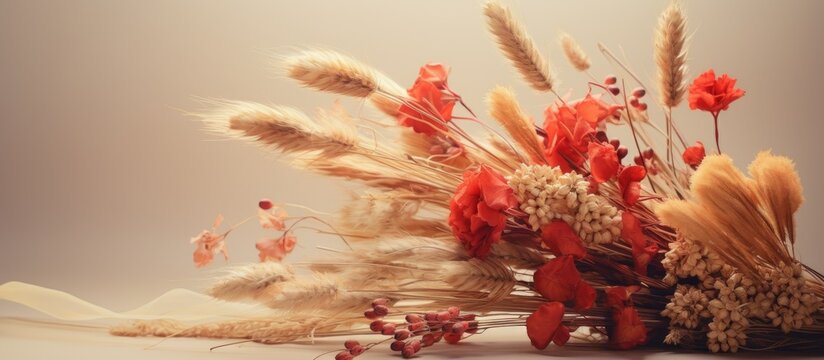 Sepia toned postcard captures the concept of delicate celebration with a wheat ear bouquet and vibrant blooming physalis