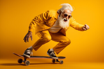 Senior man confidently skateboarding on a bright yellow background while dressed in a matching yellow outfit. Ai generated