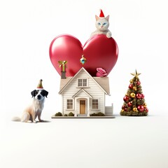 Christmas concept. The house and the big 3D heart are symbols of home, love and family, togetherness. A dog and a cat emphasize attachment to home, attention and care. A rose is tenderness.