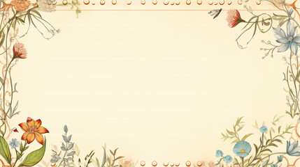 Blank vintage floral lined paper recipe card background.