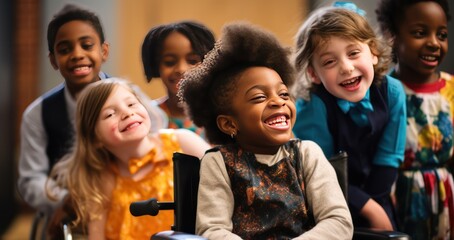 diverse kids smiling and doing activities at class, drama class. Inclusive education banner, candid moment.
 - obrazy, fototapety, plakaty