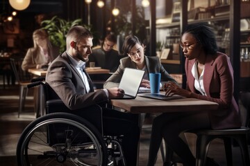 Guy with reduced mobility in wheelchair at modern coworking office space. Man using laptop working remotely. Inclusive workspace.